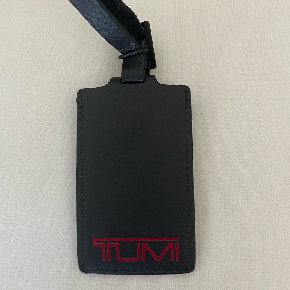 Tumi Black and Red Leather Luggage Tag